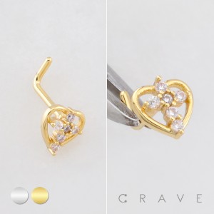 HEART-SHAPED DESIGN CENTERED WITH A MULTI CZ CROSS INLAID 316L SURGICAL STEEL L-SHAPE NOSE RING